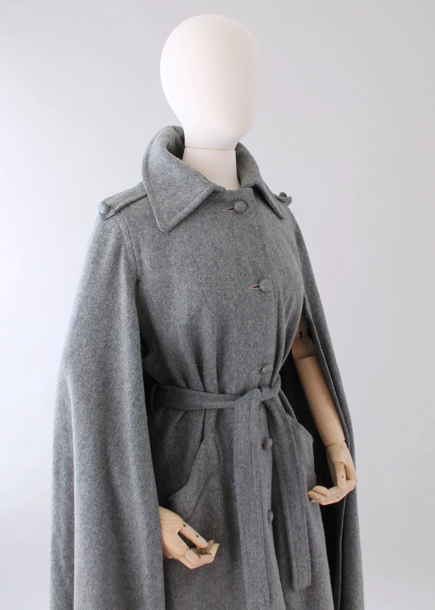 Vintage 1970s Grey Wool Belted Coat Cape