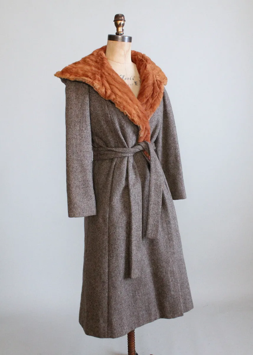 Vintage 1970s Tweed Hooded Trench Coat with Fur Lining