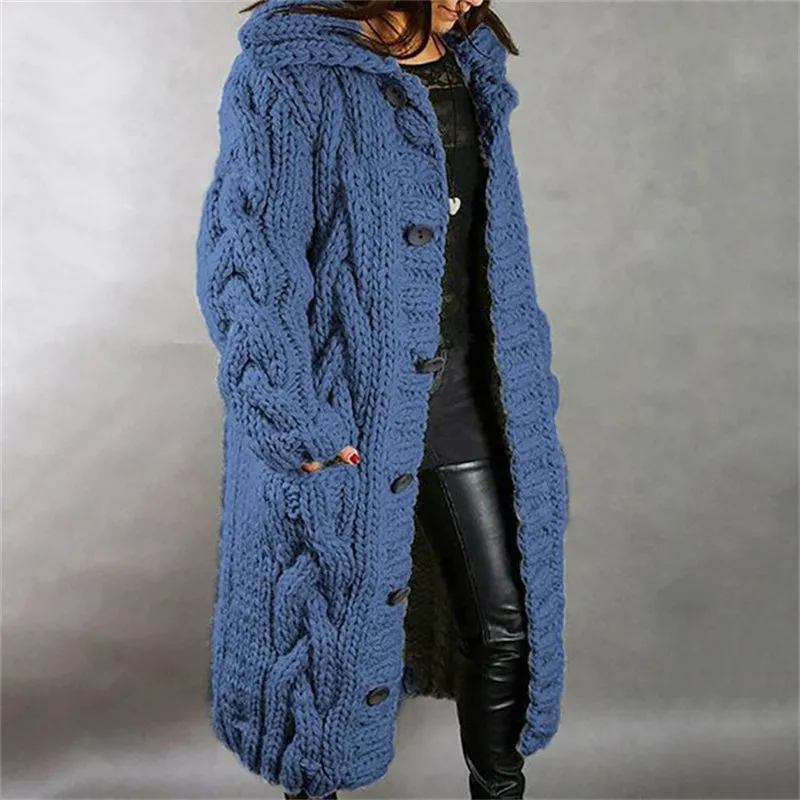 Women Autumn Winter Plus Size Long Button Knitted Cardigan Coat