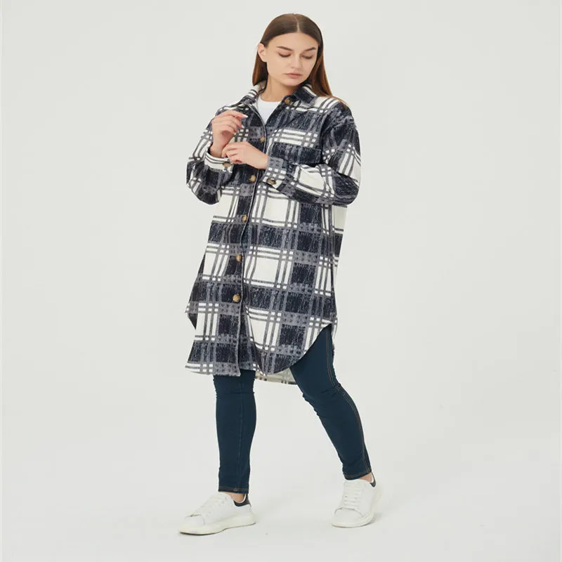 Womens Autumn Winter Lounge Long Sleeved Plaid Mid-length Jacket