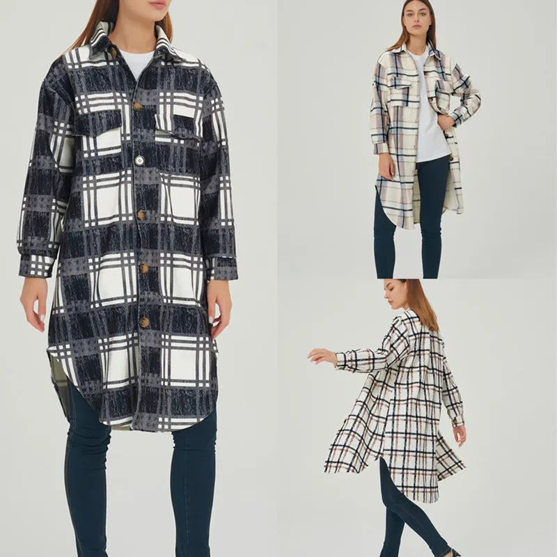 Womens Autumn Winter Lounge Long Sleeved Plaid Mid-length Jacket