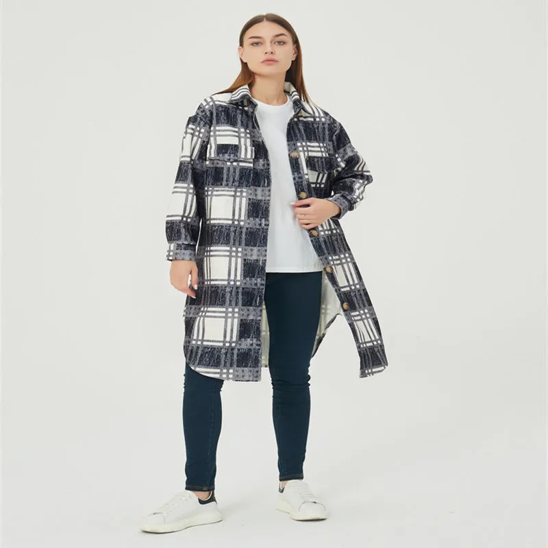 Womens Autumn Winter Lounge Long Sleeved Plaid Mid-length Jacket