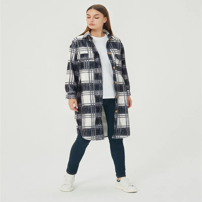 Womens Autumn Winter Lounge Long Sleeved Plaid Mid-length Jacket