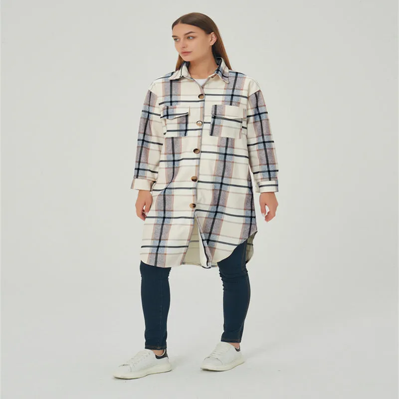 Womens Autumn Winter Lounge Long Sleeved Plaid Mid-length Jacket