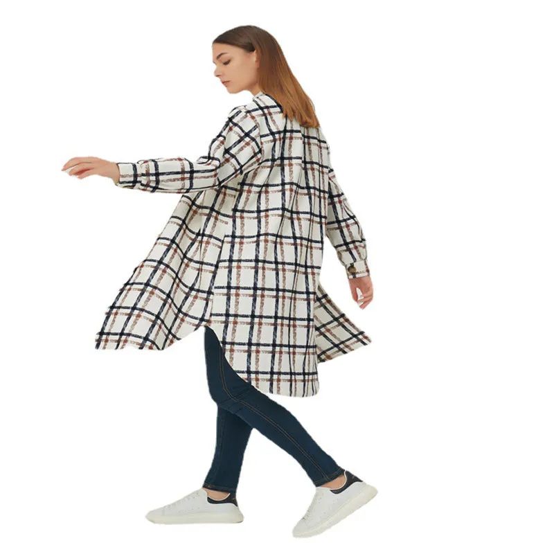 Womens Autumn Winter Lounge Long Sleeved Plaid Mid-length Jacket