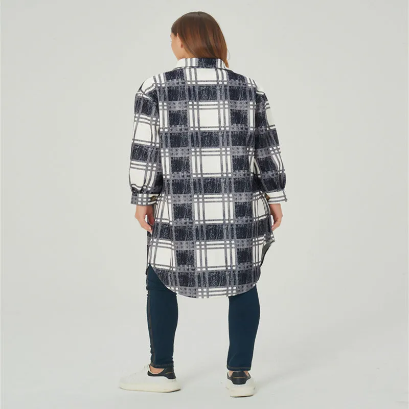 Womens Autumn Winter Lounge Long Sleeved Plaid Mid-length Jacket