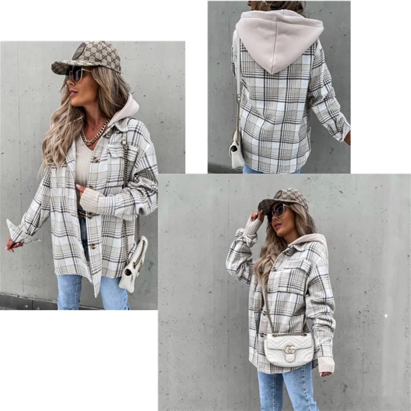 Women's Hooded Plaid Button Lapel Long Sleeve Jacket with Pockets