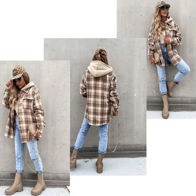 Women's Hooded Plaid Button Lapel Long Sleeve Jacket with Pockets