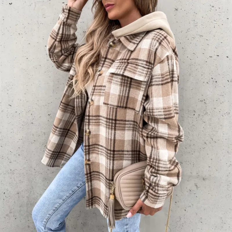 Women's Hooded Plaid Button Lapel Long Sleeve Jacket with Pockets