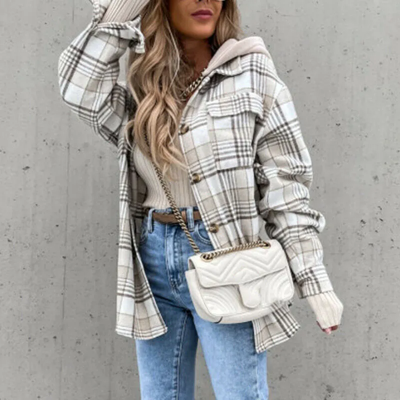 Women's Hooded Plaid Button Lapel Long Sleeve Jacket with Pockets